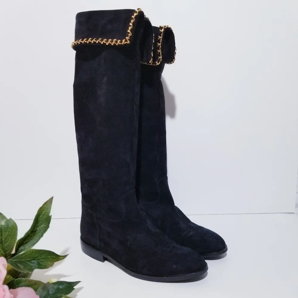 CHANEL Vintage Black Suede Leather & Signature Chain Tall Riding Boots 35